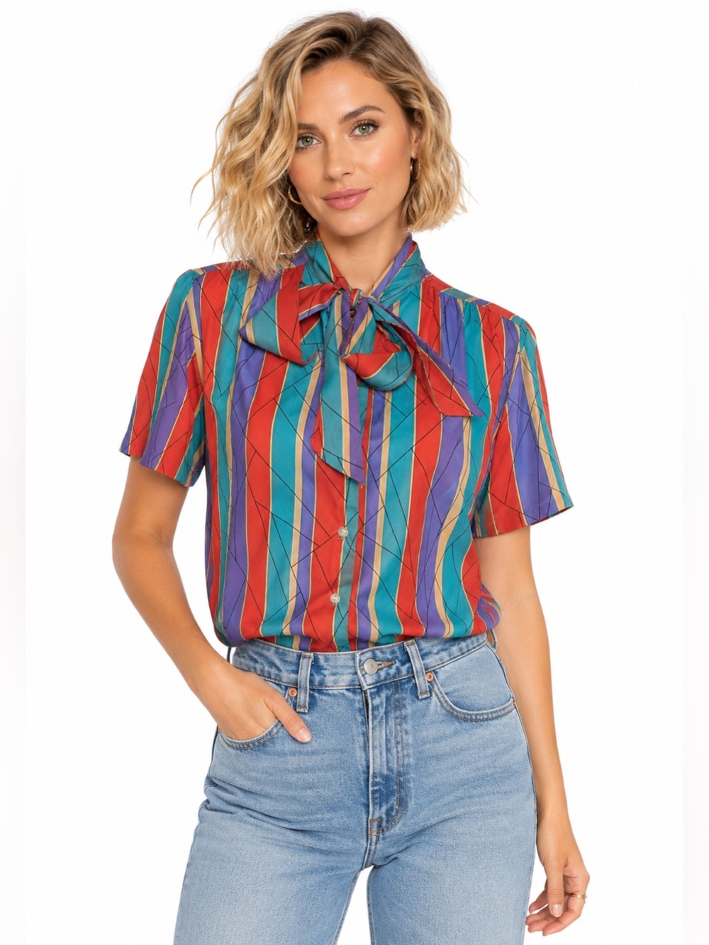Vintage 80s Lucky Winner Rainbow Striped Bow Blouse Retro Secretary Top